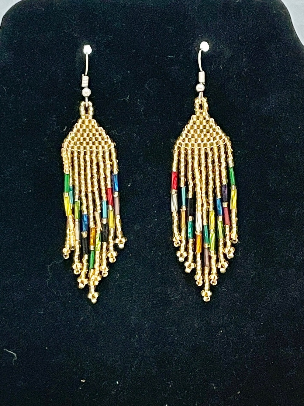 Native Am style Seed beaded earrings dangle, Gold, Rainbow, 9 Strands Fringe